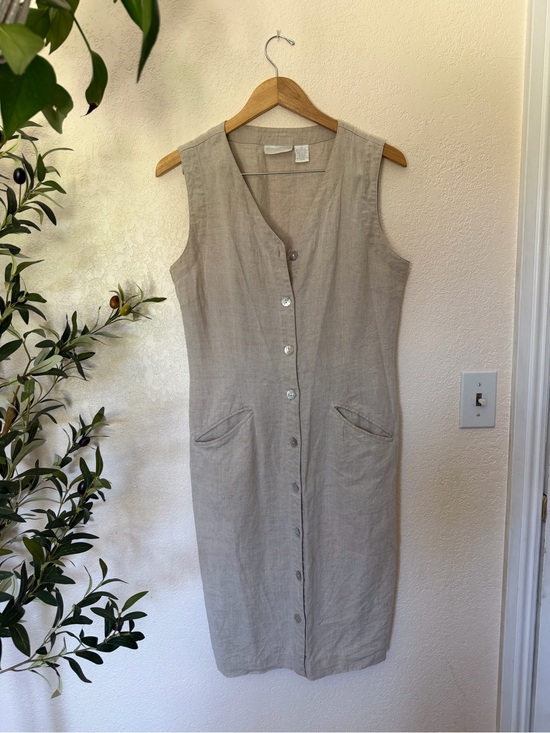 Worthington Dresses & Skirts - Vintage Worthington linen blend Sleeveless Button-Front Midi Dress in Beige
